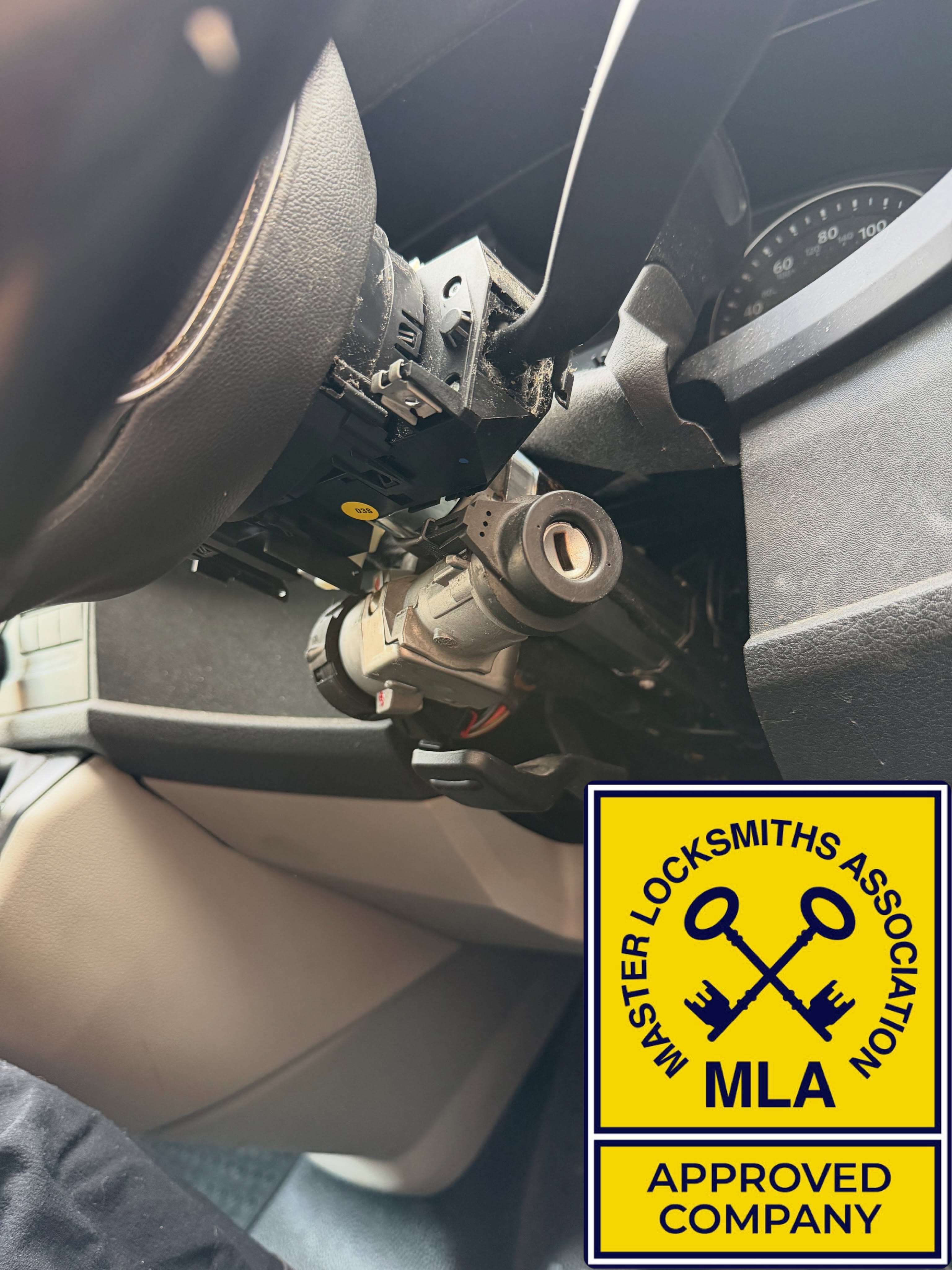 Volkswagen ignition barrel repaired with trims missing showing exposed parts   