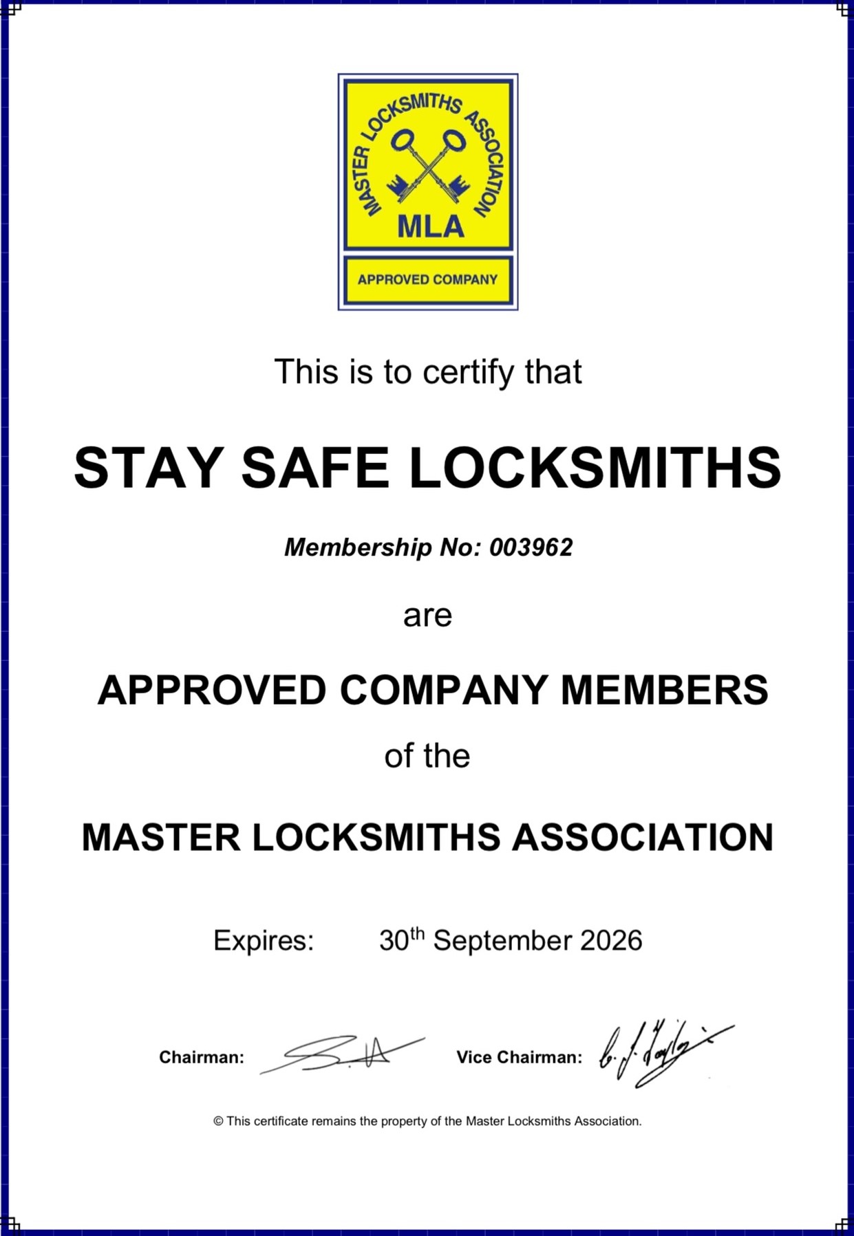 Stay Safe Auto Locksmiths MLA approved company's certificate with official mla yellow logo and chairman's signature