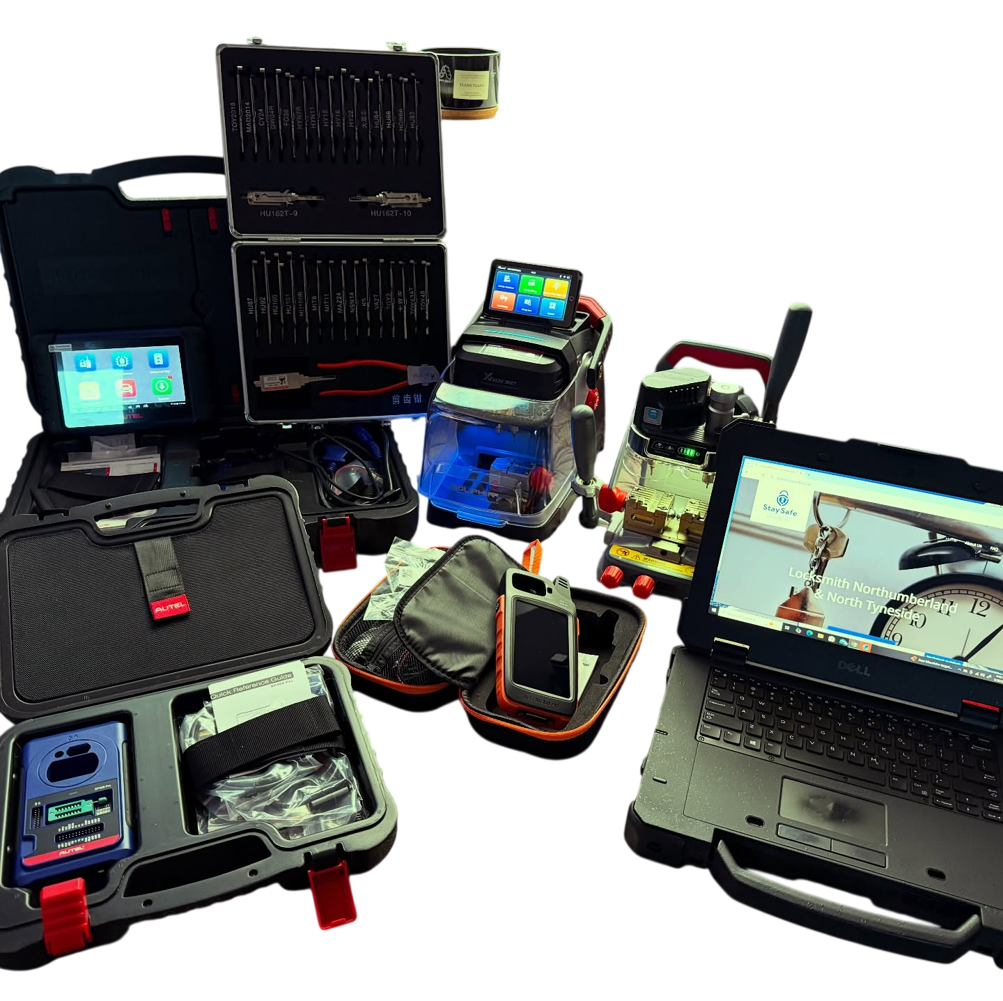 Multiple car key programming machines laid out on a white background 