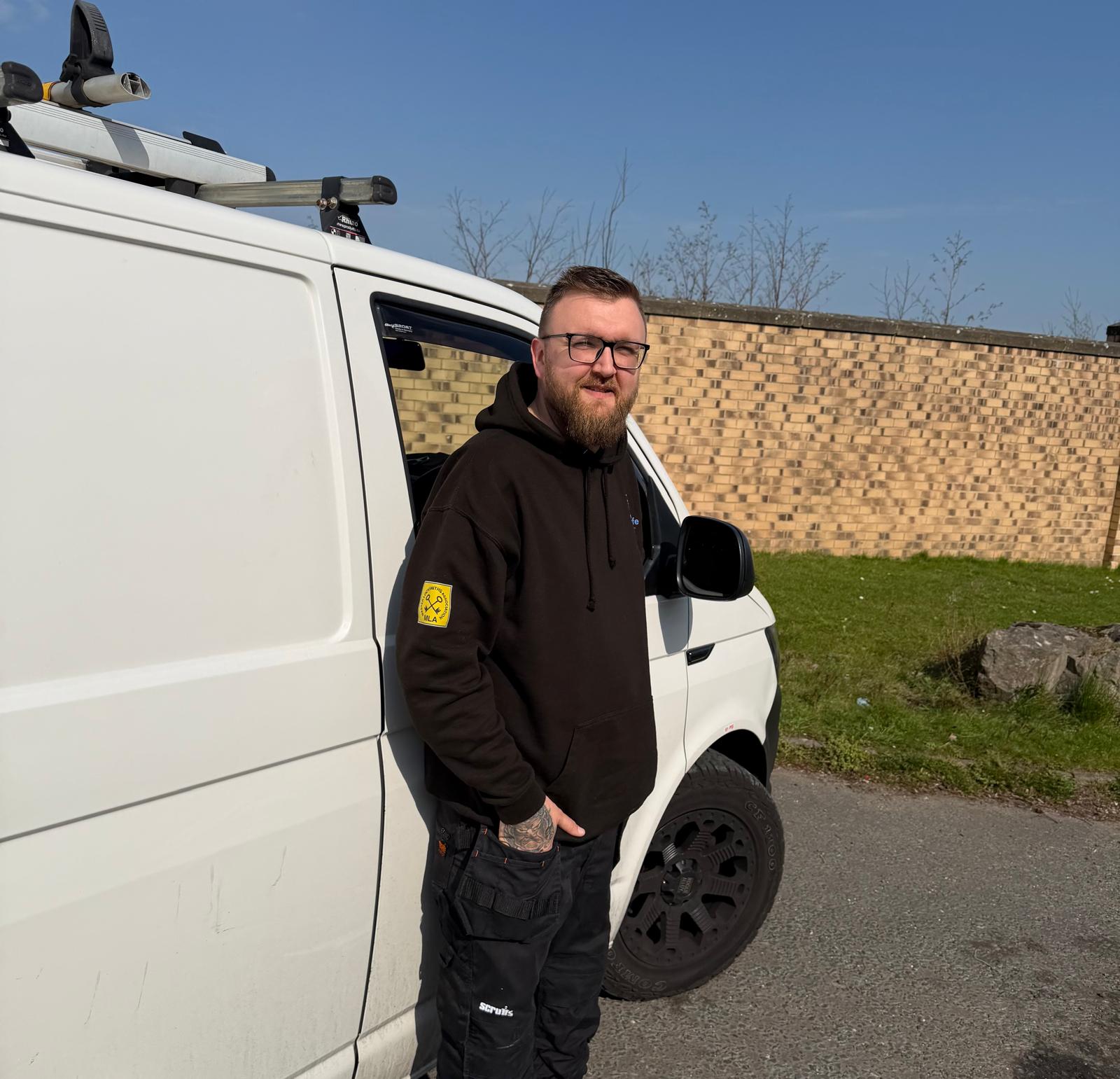 James Owner of Stay Safe Locksmiths stood next to whit VW Transporter in Northumberland 