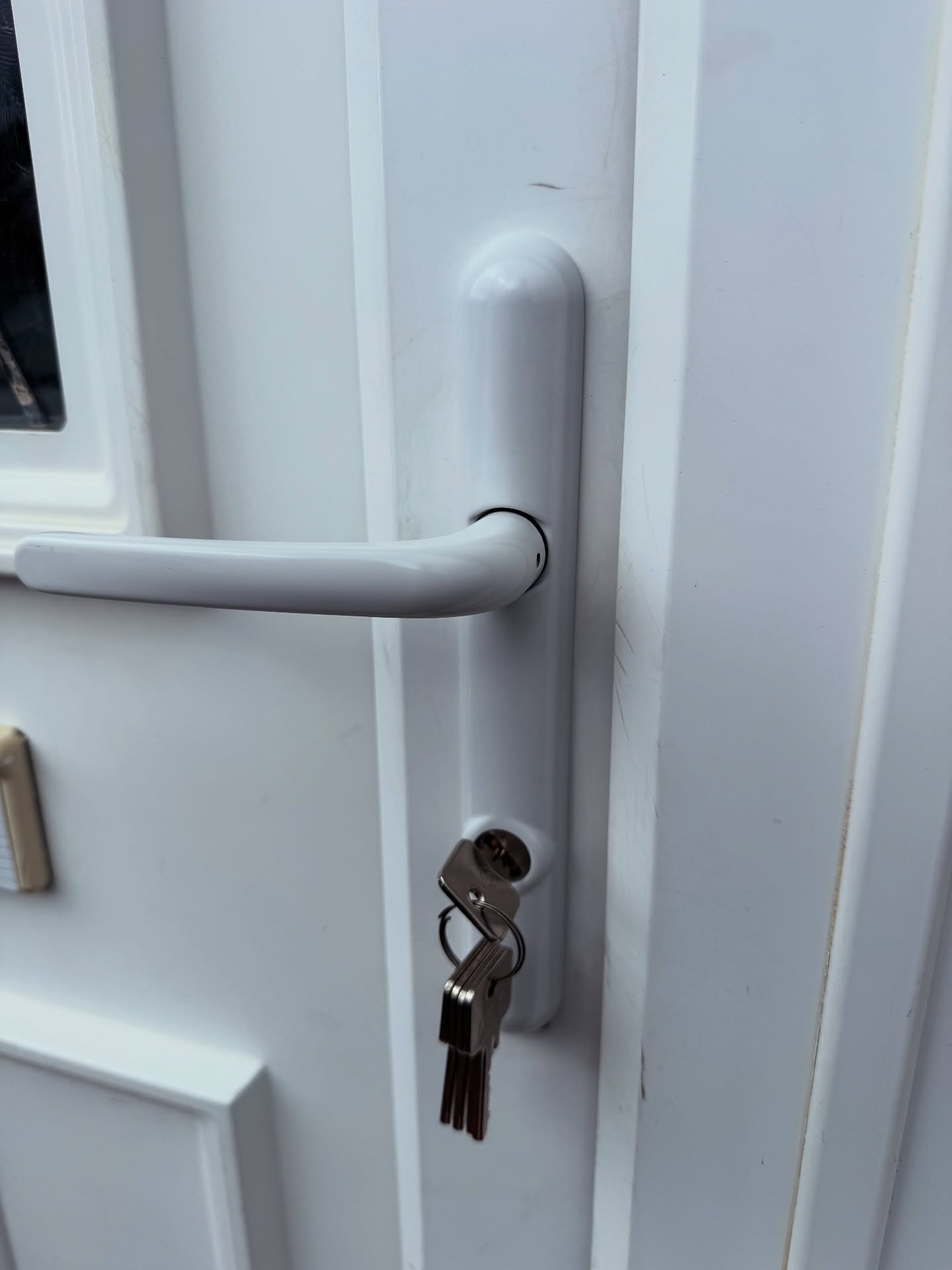 High security white replacement door handle fitted to white door