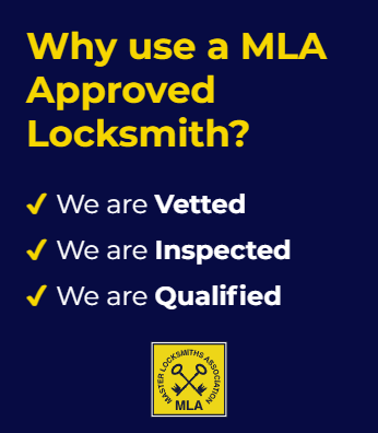 Why use an MLA Approved locksmith blue logo with yellow and white text
