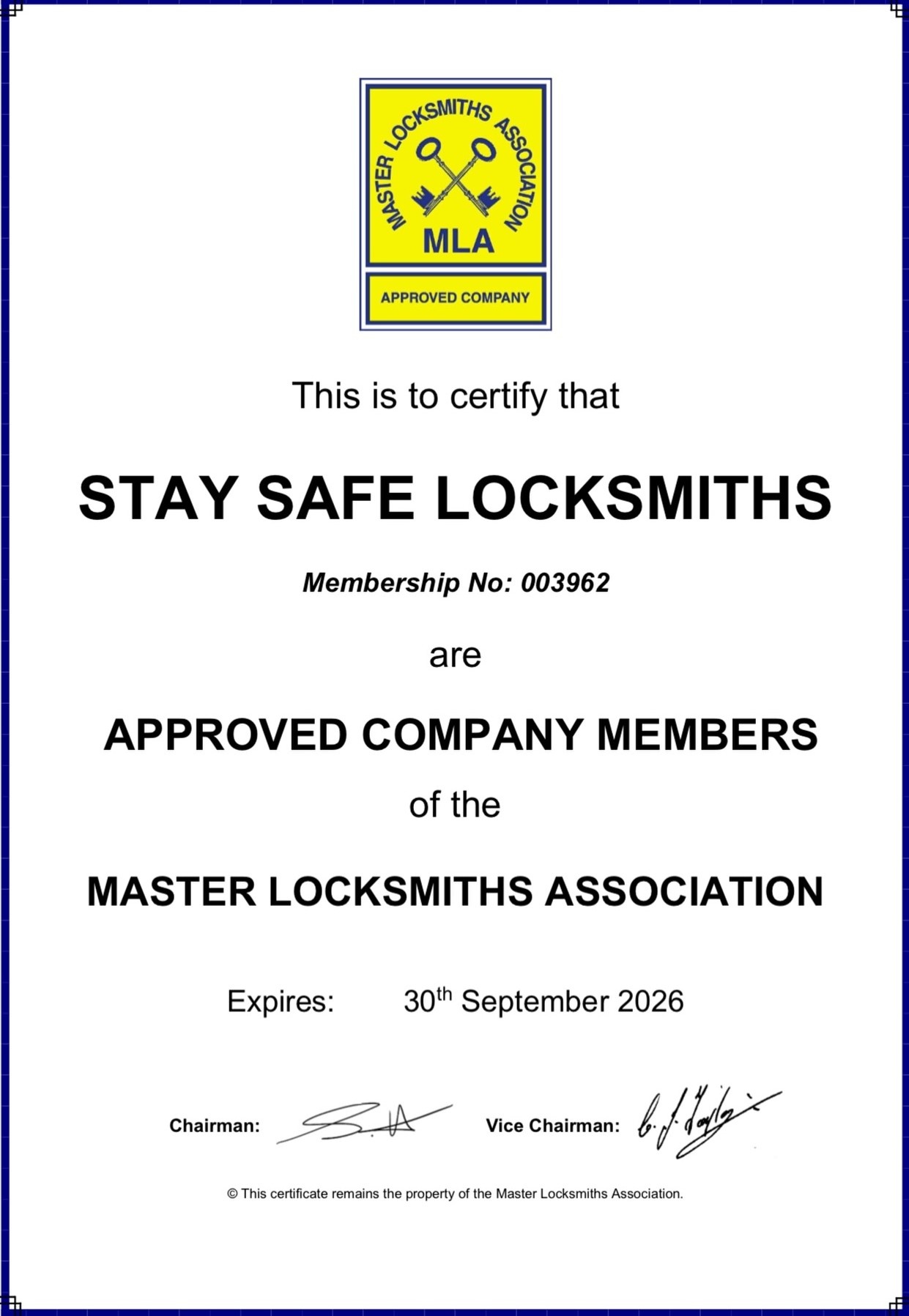 Master Locksmith Association certificate for Stay Safe Locksmiths Whitley Bay
