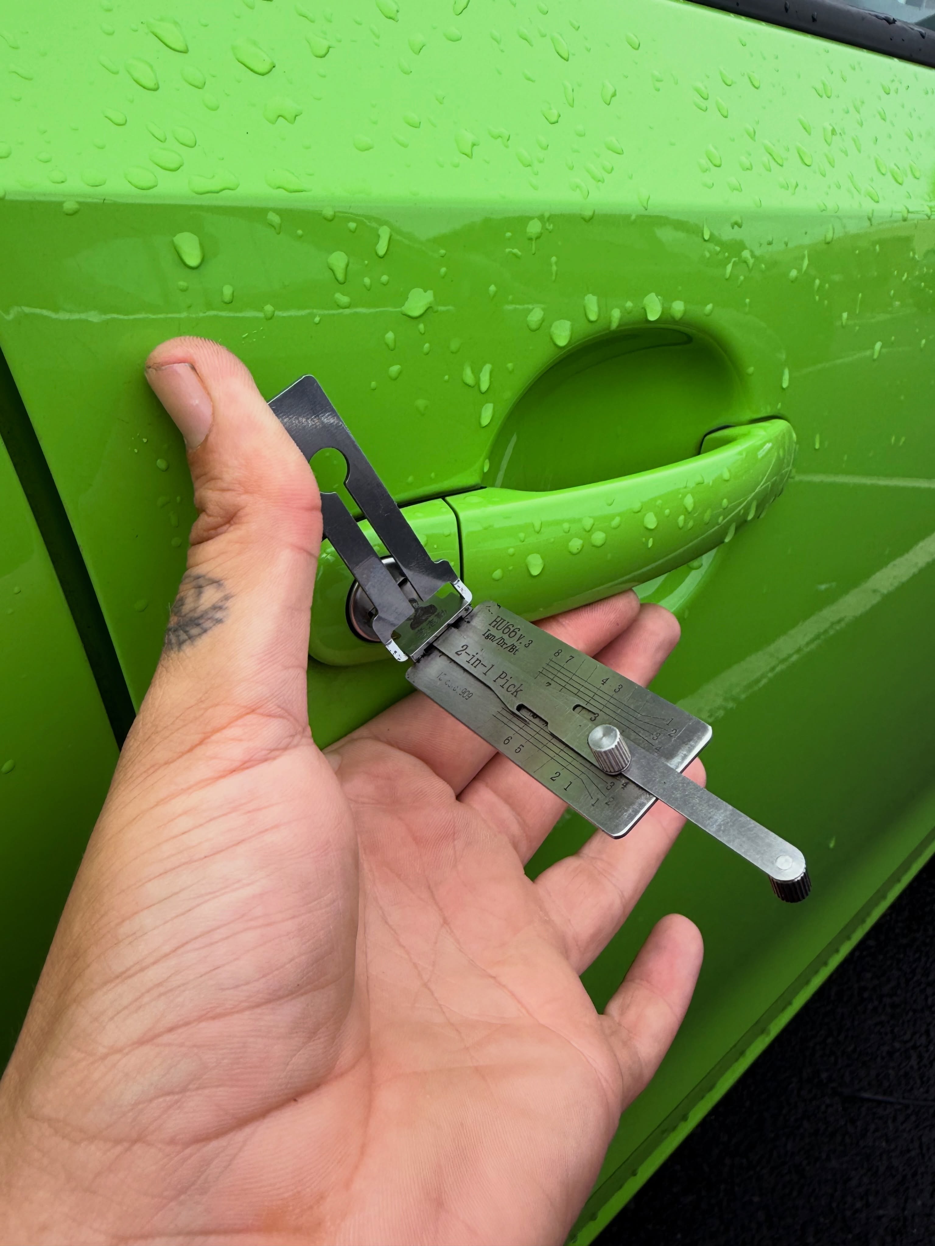 Bright Green Skoda Citigo unlocked in the centre of Killingworth using a HU66 Lishi pick